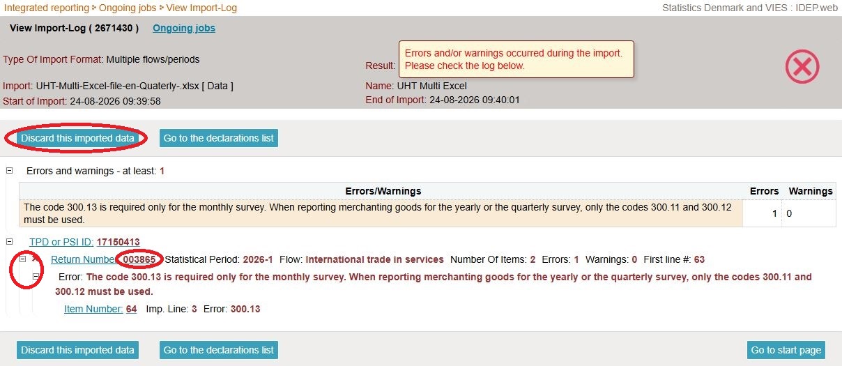 Screenshot of how to expand overview showing errors found within the return in IDEP.