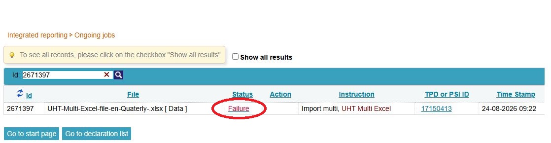 Screenshot of overview showing errors found within the multi import in IDEP.