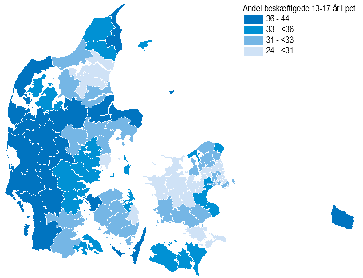 kommunefordeling 13-17 år beskæftigelsesfrekvens